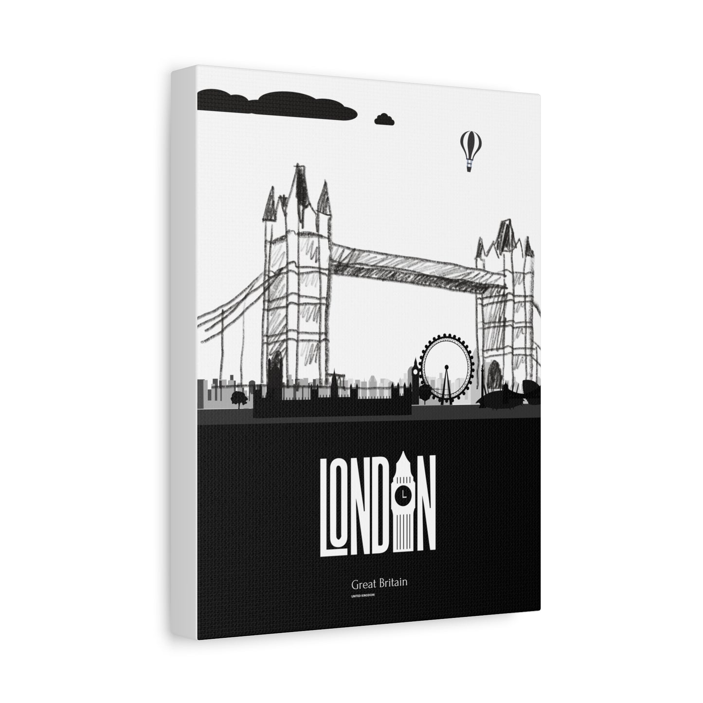 London Skyline Canvas Art, Modern Wall Decor, Home Office Printable, Gift for Travelers, Unique Black and White Artwork