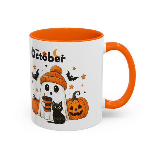 Halloween Coffee Mug, Pumpkin and Ghost Design, October Mug, Orange and White Mug, Fall Decor, Spooky Mug, Autumn Mug, Harvest Mug, Seasonal