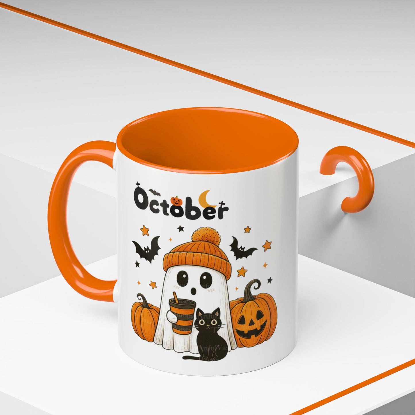 Halloween Coffee Mug, Pumpkin and Ghost Design, October Mug, Orange and White Mug, Fall Decor, Spooky Mug, Autumn Mug, Harvest Mug, Seasonal