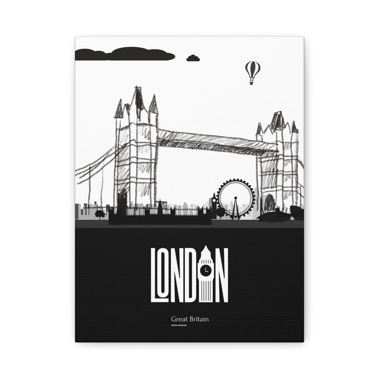 London Skyline Canvas Art, Modern Wall Decor, Home Office Printable, Gift for Travelers, Unique Black and White Artwork