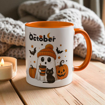 Halloween Coffee Mug, Pumpkin and Ghost Design, October Mug, Orange and White Mug, Fall Decor, Spooky Mug, Autumn Mug, Harvest Mug, Seasonal